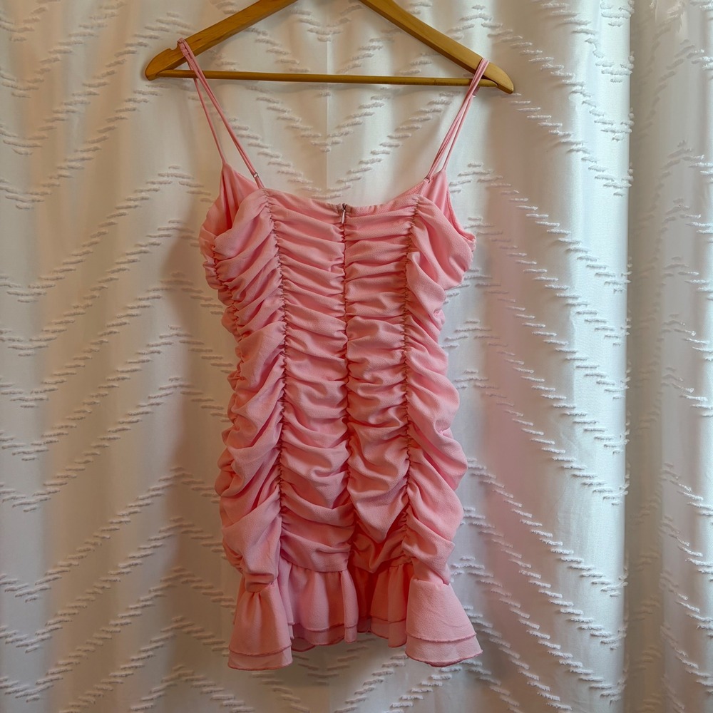 Lucy in the Sky Pink Ruched Ruffle Mini Dress Womens Medium Spaghetti Strap - Picture 2 of 4